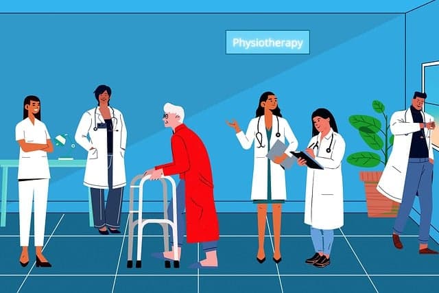 Fizyoterapi kliniğinde uzman ekip ve yürüteç kullanan hasta