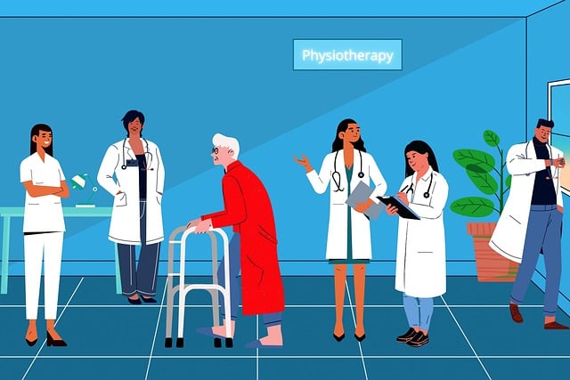 Fizyoterapi kliniğinde uzman ekip ve yürüteç kullanan hasta